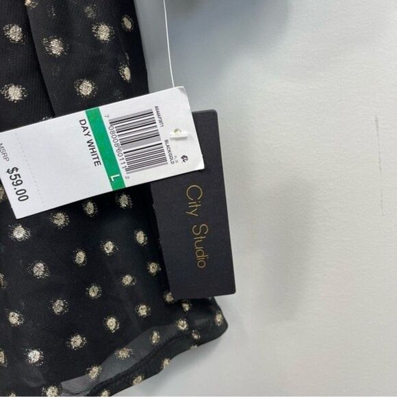 NWT City Studio Black & Metallic Gold Polka Dots Ruffled Fit & Flare Dress Black - Picture 10 of 16